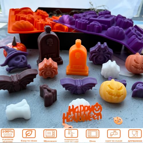 Halloween Candy Molds 2Pcs Silicone Pumpkin Skull Bat Witch Hat Gummy Cake Pop