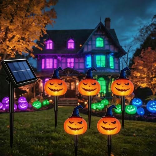 Halloween Solar Pumpkin Stake Lights with Witch Hat - Orange, IP65 Waterproof, Garden Pathway Decor