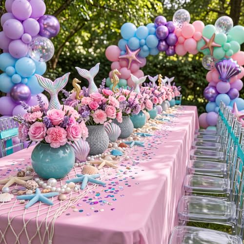 Fish Net Table Runner & Plastic Tablecloth Set - Mermaid Color, 12 Pieces