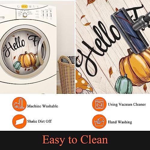 Hello Fall Kitchen Rug Set with Runner - 3 Piece Washable Harvest Gnome Pumpkin Leaves