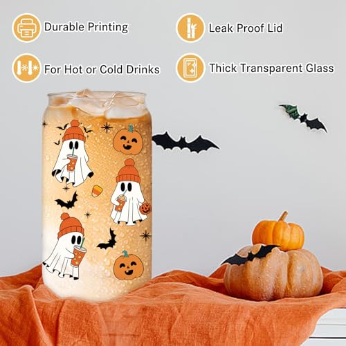 Halloween Ghost Glass Mug - 16 oz Spooky Coffee Cup with Lids & Straws