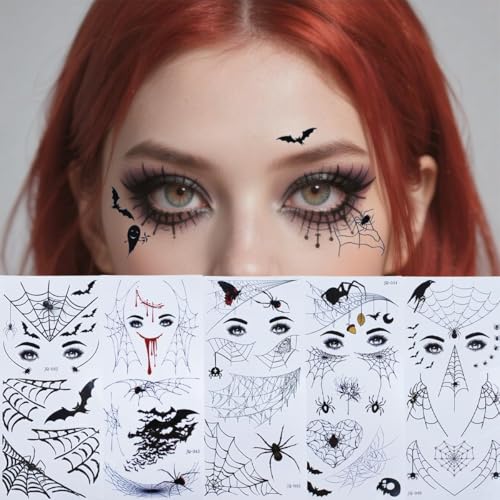 Black Halloween Eye Tattoos - Spider Web Skull Bat Designs for Face & Eyes - 8 Sheets