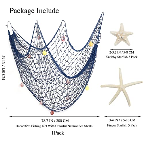 Large Blue Fish Net Wall Decoration with Colorful Sea Shells and Starfish - Mediterranean Nautical Style