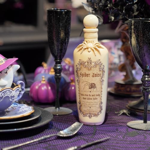 Halloween Witch Potion Bottle Decor - White Spider Resin Bottle with Web Design, 10 Inch