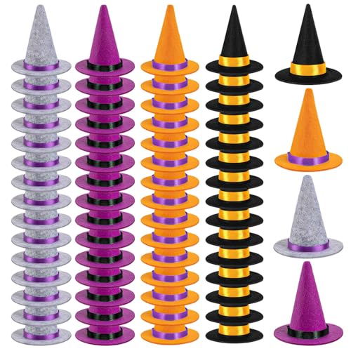 60 Black and Purple Mini Witch Hats for Halloween Crafts and Party Decorations
