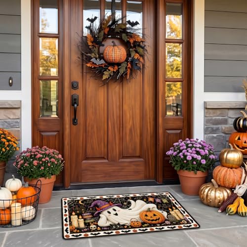 Halloween Door Mat Set of 2 - Non-Slip Cute Boo Ghost Doormats - Fall Decor