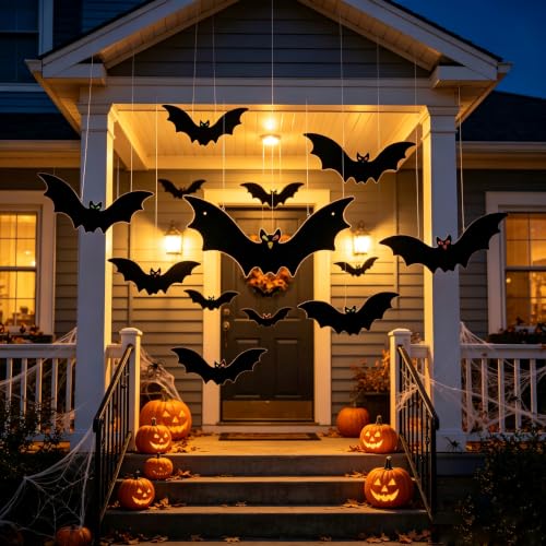 Halloween 3D Hanging Bat Yard Decoration - Large Black Outdoor Decor (12 pcs)