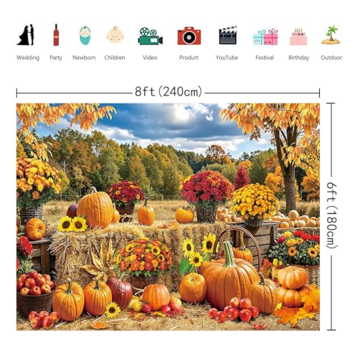 8x6FT Fall Pumpkin Backdrop Autumn Haystack Maple Leaves Photography Background