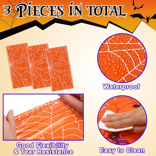Halloween Spider Web Tablecloth - Waterproof Disposable Orange Rectangular Cover 54x108 Inch - 3 Pack