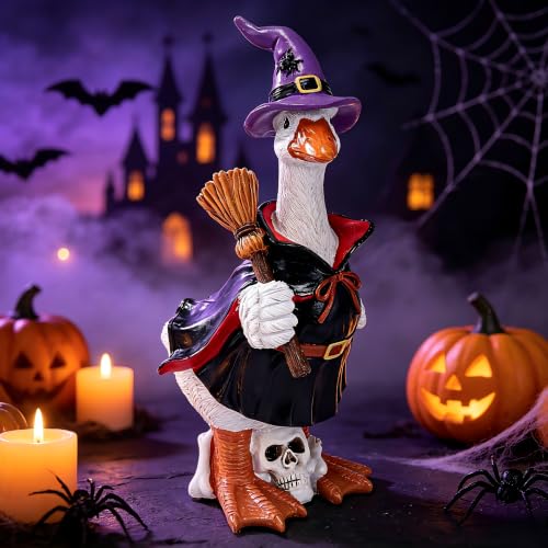 Halloween Goose Statue Black Resin Witch Skull Decor - 8.8"