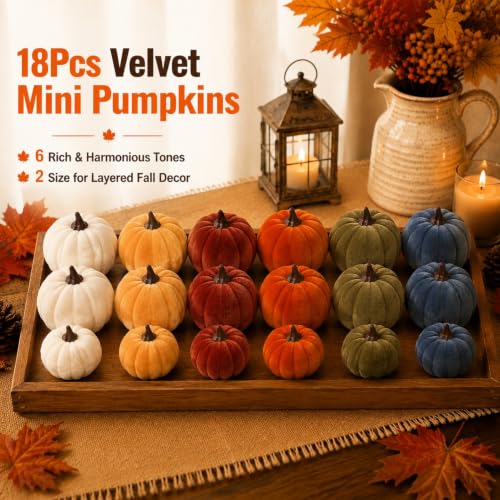 Velvet Mini Pumpkins Fall Decor Set - 18 Pcs Rustic Harvest Accessories