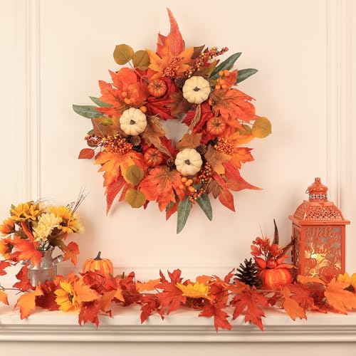 Fall Door Wreath 21 Inch Autumn Decorations with Maple Leaves Pumpkin Berries