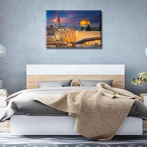 Jerusalem Wall Art Canvas - Dome of the Rock & Western Wall Sunset Scene, 16x24 Inch, Ready to Hang