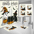 Halloween Shower Curtain Set with Bath Mat Toilet Cover and Hooks - Spooky Ghost Cat Pumpkin Decor