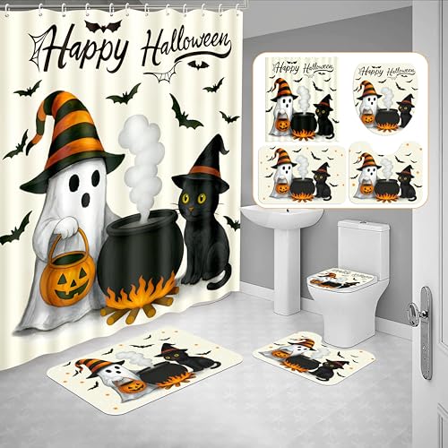Halloween Shower Curtain Set with Bath Mat Toilet Cover and Hooks - Spooky Ghost Cat Pumpkin Decor
