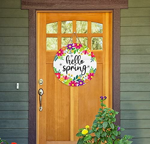 Hello Spring Door Sign - 11.8" Watercolor Flower Welcome Spring Sign - Circle Variation