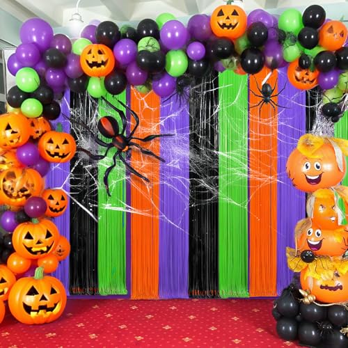 Halloween Foil Fringe Curtain Set - Green & Purple Metallic Tinsel Backdrop for Parties