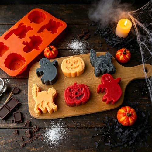 Halloween Silicone Mold Set with Ghost Pumpkin Black Cat - 6 Cavities, Food-Grade, Reusable