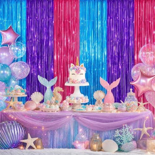 Blue Purple Pink Metallic Foil Fringe Curtains Set - Tinsel Backdrop for Parties