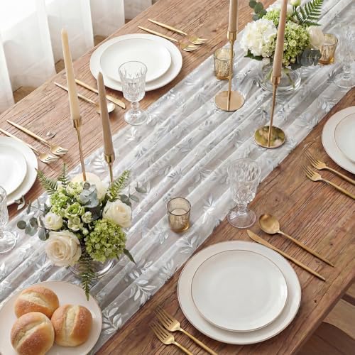 Silver Leaves White Gauze Table Runner 28x120 Inch Holiday Wedding Decor - Variation of 28" x 120" / White Silver