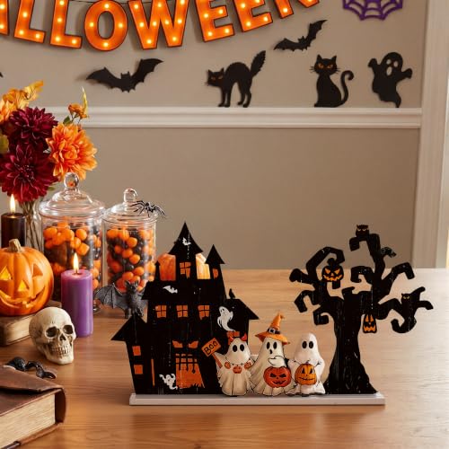 Halloween Ghost Haunted House and Tree Wooden Decor Set - Halloween Tree Variation