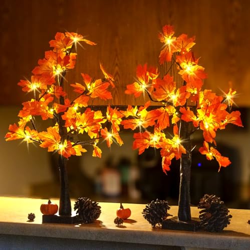 2-Pack 24-Inch Lighted Fall Maple Trees for Thanksgiving & Holiday Decor