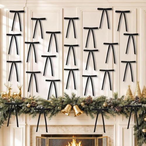 Black Velvet Ribbon Bows Decorations - Halloween Tree Ornaments, Set of 24
