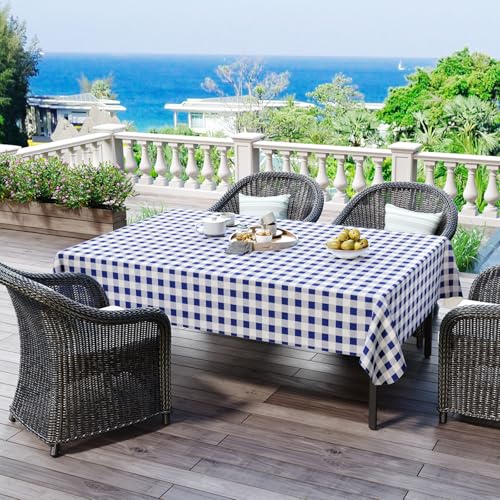 Rectangular Waterproof Vinyl Tablecloth with Flannel Back Navy & White 102" x 60" - Misaya