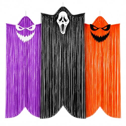G2PLUS Halloween Hanging Ghost Decorations Set - Black, Orange, Purple, 3 Pack, 6 Ft Foil Fringe Ghosts for Indoor & Outdoor Decor