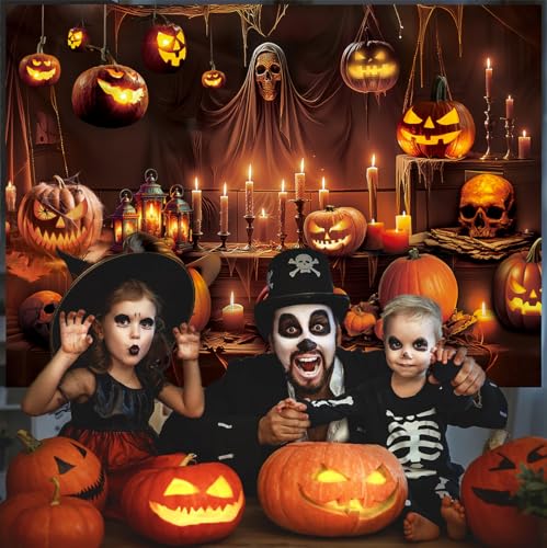 Halloween Horror Skeleton Pumpkin Lantern Backdrop - 7x5FT Spooky Party Banner