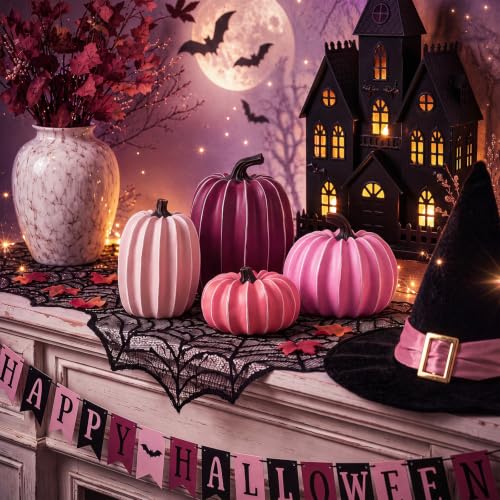 Resin Fall Pumpkin Decor Set - Pink Series, 4 Artificial Pumpkins for Thanksgiving & Halloween