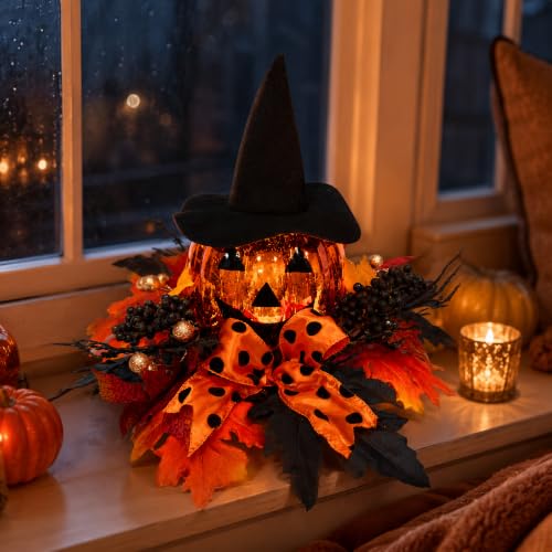 Lighted Halloween Pumpkin Decor with Witch Hat and Bow - 15 Inch Tabletop Fall Decor