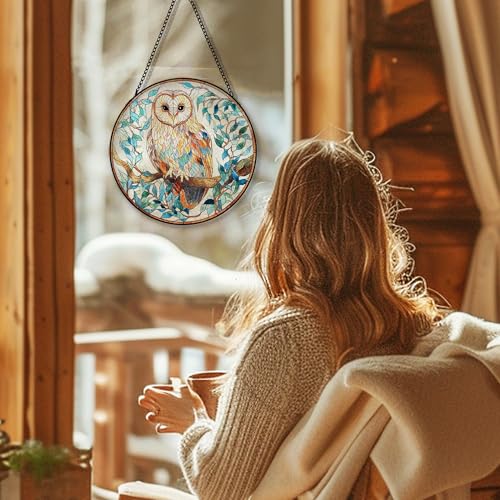 Owl Bird Stained Glass Sun Catcher - Indoor Window Hanging Decor - 7.8 Inches - Variation: Owl