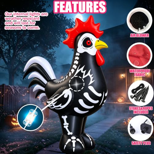 6.4FT Inflatable Skeleton Rooster Halloween Yard Decoration with LED Lights