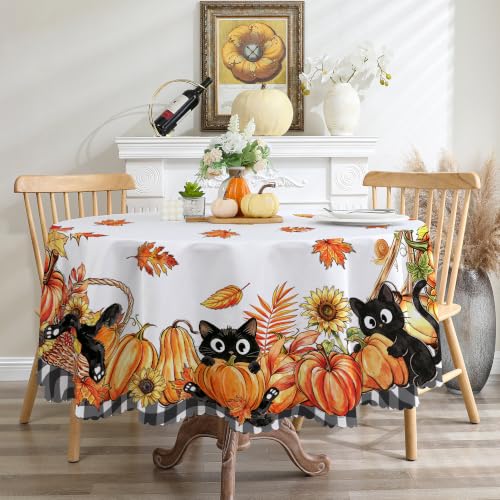 Fall Round Tablecloth 70 Inches with Black Cat Variation - Autumn Pumpkins Fade-Resistant