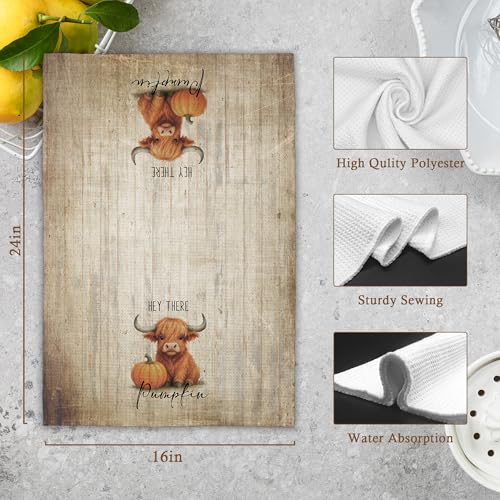 Fall Highland Cow Pumpkin Kitchen Towels - Farmhouse Dish Hand Towel, 16x24in, Cow Variation