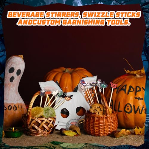 Halloween Wooden Coffee Stirrers - 100 Pcs, 7 Inch Disposable Stir Sticks with Vibrant Patterns