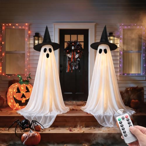 Standing Ghost Halloween Decorations 2 Pack - 5FT Lighted Spooky Outdoor Ghosts with Remote