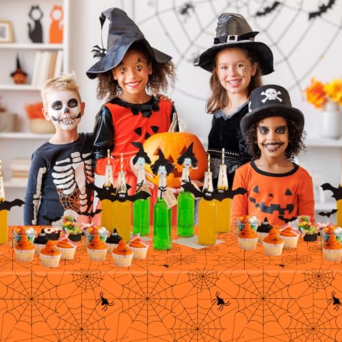 Halloween Spider Web Tablecloth - Orange Disposable Plastic Cover, 108x54 Inch, Set of 2