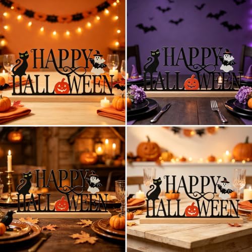 Halloween Table Decorations - Metal Happy Halloween Sign with Ghost Pumpkin Bat - Happy Halloween Variation