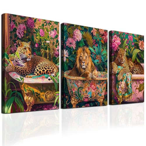 Large Bathroom Leopard Wall Art - 3 Piece Jungle Animal Canvas Prints 16x24in Framed - Variation of 24L x 16W
