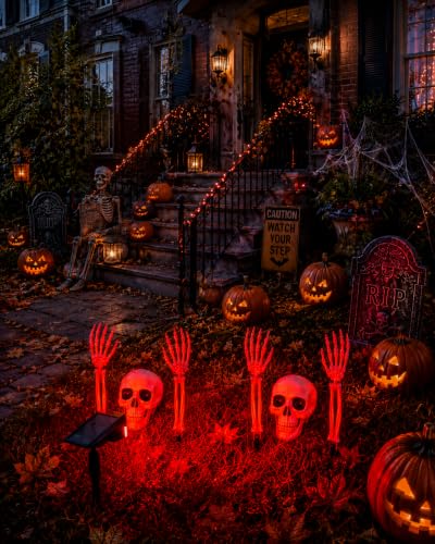 6+1P Halloween Skeleton Decorations Outdoor with Solar Spotlight & 2 Skull
