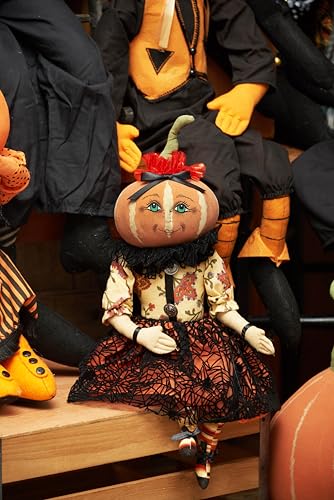 Halloween Pumpkin Girl Decor - Whimsical Pumpkin Head Figurine with Spider Web Dress - Orange, 18in