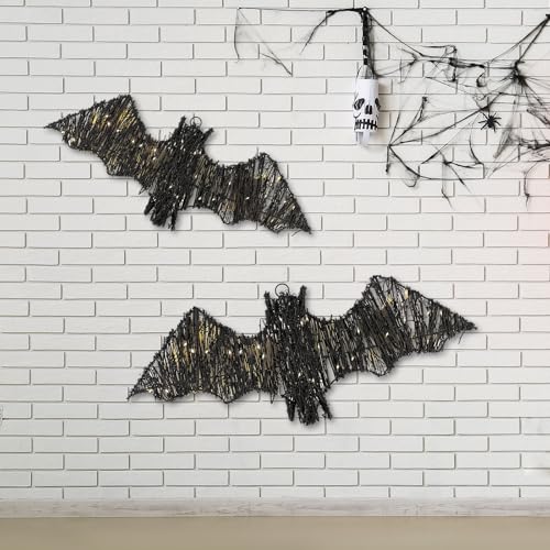 Halloween Rattan Bat Decorations with LED Lights & Timer Remote Set - Indoor Outdoor Spooky Decor
