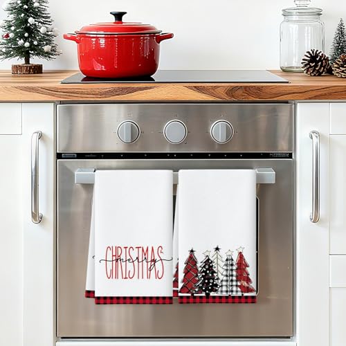 Christmas Buffalo Plaid Kitchen Towels Set of 2 - Black & Red Tree Pattern, 18x26 Inches