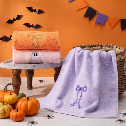 Halloween Ghost Hand Towels Set - Purple Orange 3 Pcs Bathroom Cotton Towels with Embroidery - Variation of THIS listing