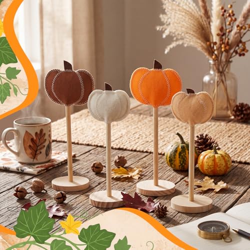 Fall Felt Pumpkin Decor Set with Wooden Bases - Autumn Halloween Thanksgiving Home Accent
