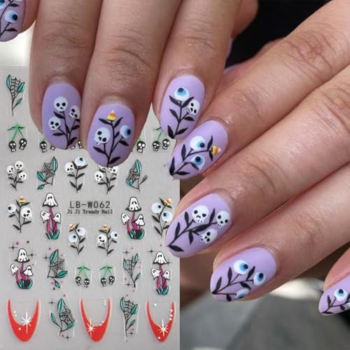 Halloween Ghost Nail Stickers 4 Sheets with Flower & Spider Web Designs - DIY Nail Art Decals