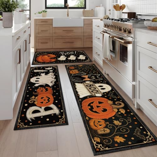 Halloween Cat Ghost Kitchen Rugs Set - Non-Slip Washable Fall Decor - Cat Ghost Variation