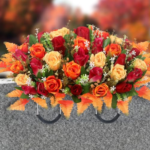 Fall Artificial Cemetery Flowers for Grave - Headstone Flower Saddle Orange - Long-Lasting Autumn Decor